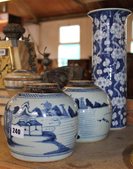 Pair of Chinese blue and white prunus pattern ginger jars (lacking covers) & a similar sleeve vase